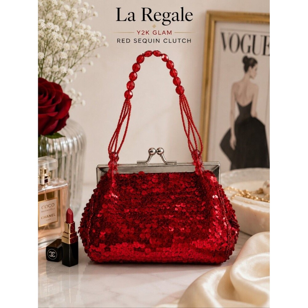 La Regale Red Sequin Beaded Clutch 90s Party Evening Bag Glam Purse Cocktail